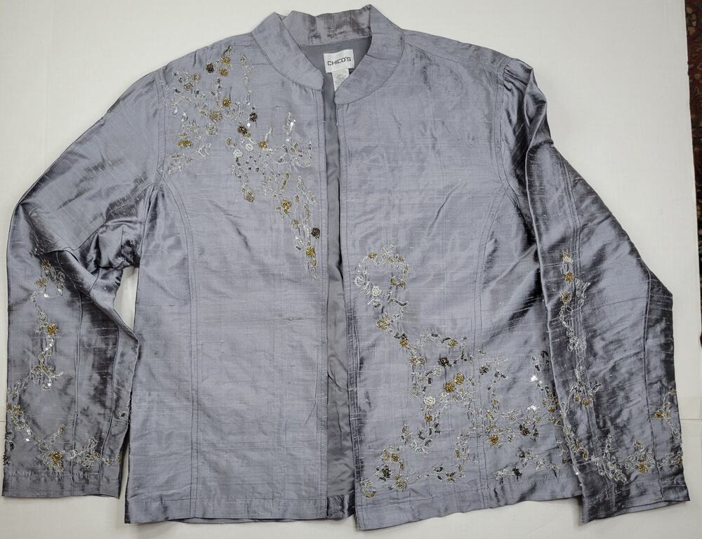 Chico's Silk Open Front Blazer All Over Embroidered Women' Size 2 (US L) VTG 90s